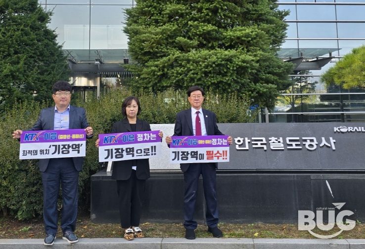 정종복 기장군수(우측 첫번째)와 기장군 직원들이 코레일본사 앞에서 KTX-이음 기장역 유치 의지를 나타내고 있다.